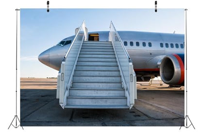 BELECO 12x8ft Fabric Airplane Backdrop Passenger Aircraft with Boarding Steps at the Airport Apron Background for Party Decorations Birthday Shoot Studio Booth Photo Props - size: 12x8FT