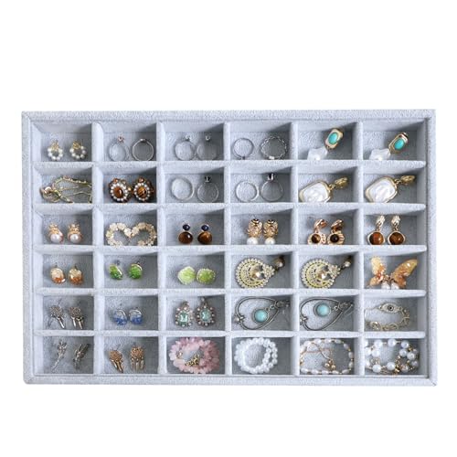 Wudygirl 36 Grid Velvet Jewelry Tray Jewelry Organizer Earring Storage Ring Holder Display Drawer Inserts with Adjustable Divider (Gray) - color: Gray 36 Grid, size: 1 Pcs