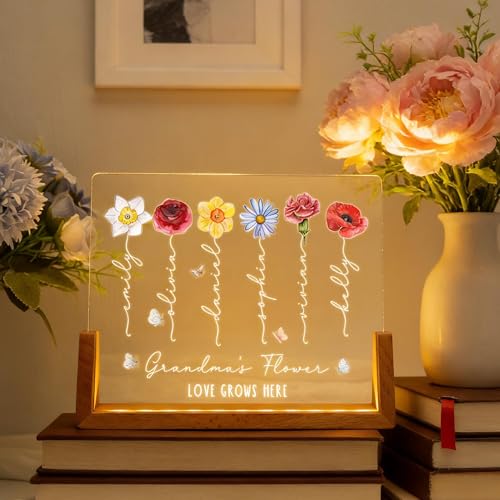 Customized Grandma's Garden Night Light, Personalized Birth Month Flower with Kids Name Acrylic LED Lamp, Mother Day Gift, Grandma Gift, Mom Gifts, Gifts for Birthday - color: Style 4