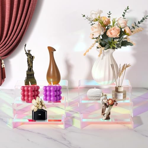 6pcs Iridescent Acrylic Display Risers, Rainbow Display Stand Set for Collectible Figures Jewelry Perfume Organizer, 3 Sizes Rectangular Stands for Candy Dessert Cupcake, Vendor Booth Retail Showcase - color: Iridescent-6pcs