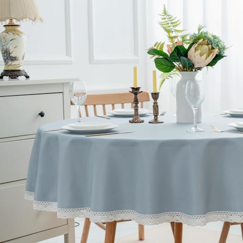 EHouseHome Faux Linen Tablecloth with Lace Trim - Waterproof/Spill Proof/Stain Resistant/Wrinkle Free/Oil Proof - for Banquet, Parties, Dinner,Wedding,Holiday,Blue Fog,Round 60Inch - color: Blue Fog, size: 60" (Round)