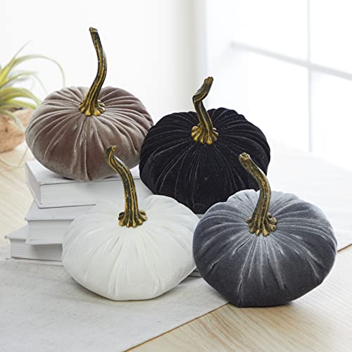 Set of 4 Small Velvet Pumpkins, Handmade Home Decor, Holiday Mantle Decor, Fall Halloween Thanksgiving Centerpiece, Rustic Fall Wedding Centerpiece Decor… (Black, Gray, Ivory, Taupe) - color: Black, Gray, Ivory, Taupe