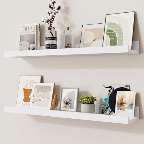 Heimlove Picture Ledge Shelf,24 inch Long Floating Shelves for Wall Set of 2,White Picture Shelf with Lip for Wall Decor,Living Room,Bedroom,Bookshelf,Nursery,Perfume - color: White, size: 24'', Set of 2