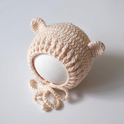 Zeroest Newborn Photography Outfits Boy Girl Bear Props Baby Photoshoot Crochet Bonnet Stuffed Animals for Newborn Photo - color: Beige