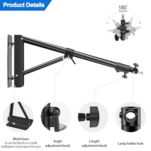 Wellmaking Wall Mount Triangle Boom Arm 53inch/135cm Length Adjustable Support 180° Flexible Rotation, Up to 4.26ft. With Tilt Adapter Light Stand with Standard 1/4 to 3/8 Metal Male Screw Photography - size: 53inch/135cm