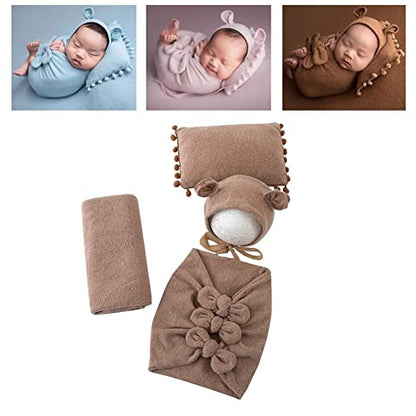 Newborn Baby Boy Girl Photography Props Bow Wrap, Posing Aid, Hat and Blanket Set of 4 Pcs - color: Light Camel