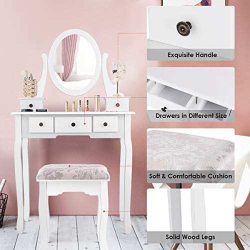 Giantex Girl Vanity Set with 5 Drawers, Makeup Dressing Table with Cushioned Stool for Modern Bedroom Apartment, White Vanity Desk for Women - color: White, style: 5 Drawers