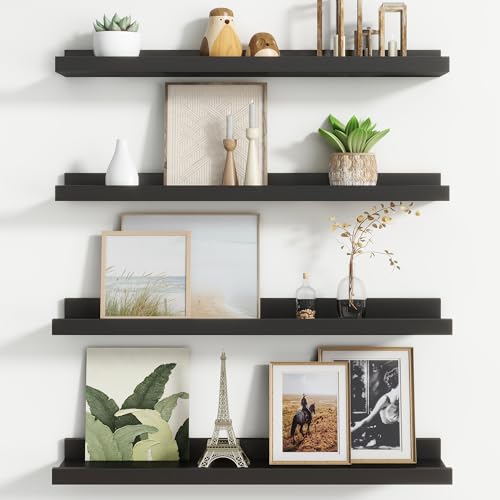 FLYJOE Floating Picture Ledge Shelves for Wall Set of 4, 24 Inch Wall Shelves with Lip Long Large Nursery Book Shelf for Toys Storage Kids Bookshelf Wall Mounted Living Room Bedroom Decor Frames - color: Black, size: 24'', Set of 4
