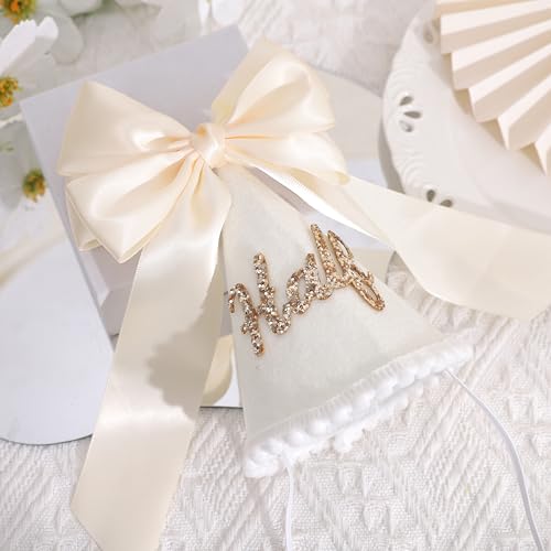 Boho Beige Bow Half Birthday hat-1/2 Birthday Decorations,Glitter Number Cone Hat,Princess Hat,Photo Props Cake Smash - color: White Bow Hat2