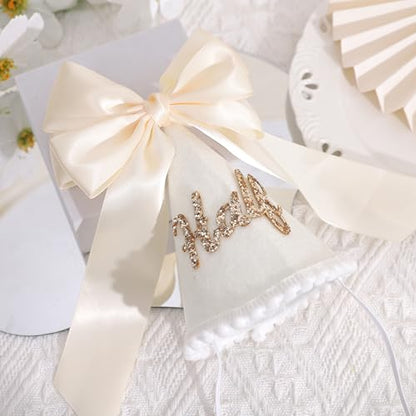 Boho Beige Bow Half Birthday hat-1/2 Birthday Decorations,Glitter Number Cone Hat,Princess Hat,Photo Props Cake Smash - color: White Bow Hat2