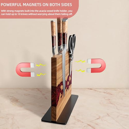 FINDKING Magnetic Knife Block, Double Sided Holder, Powerful Magnet Kitchen Storage, Acacia Wood and Red Resin (12 x 10 Inches, Without Knives) - color: Red