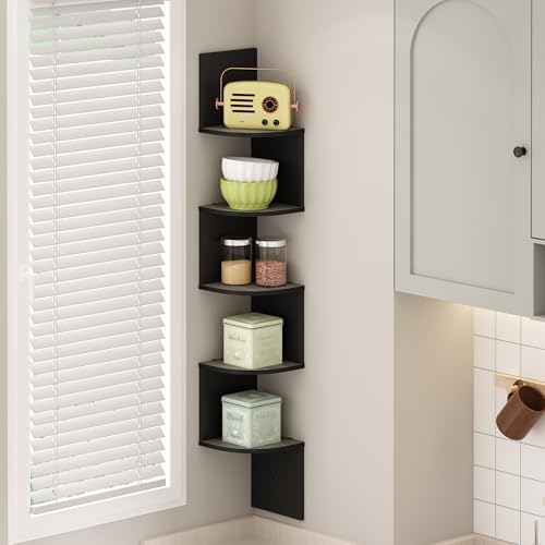 Furinno Rossi 5-Tier Floating Corner Shelf for Wall, Corner Zigzag Shelf Wall Mounted, Radial Wall Mount Shelves, for Home Office, Living Room, Bedroom, Bathroom, French Oak - color: French Oak/Black, size: 5-Tier Corner Shelf - 7.8" x 7.8" x 48.8" - Sing