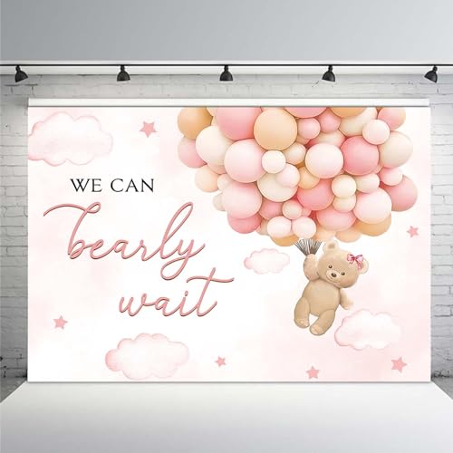 MEHOFOND 7x5ft Bear Baby Shower Backdrop We Can Bearly Wait Baby Shower Party Decorations for Girl Hot Airs Balloons Watercolors Clouds Stars Photography Background Newborn Photo Booth Props(Pink) - color: Pink, size: 7x5ft