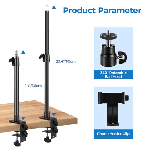 Camera Desk Mount Stand with 1/4" Ball Head and Phone Holder Clip, Desktop Light Stand, 14"-23.6" Adjustable Light Stand, for DSLR Camera,Ring Light,Webcam,Phone