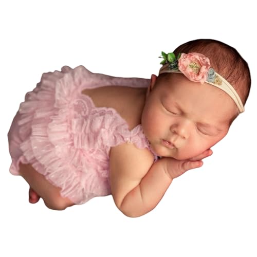 Baby Photography Props Outfit Lace Rompers Newborn Girl Photo Shoot Outfits Flower Headband Princess Costume - color: Pink B