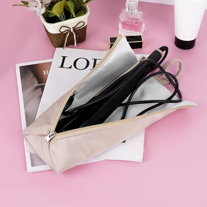 Heat-Proof Travel Pouch for Straighteners and Curling Wand, Waterproof Hanging Organizer with Zipper Closure, Salon Tools Bag with Extra Storage Pocket and Snap Strap (Khaki)