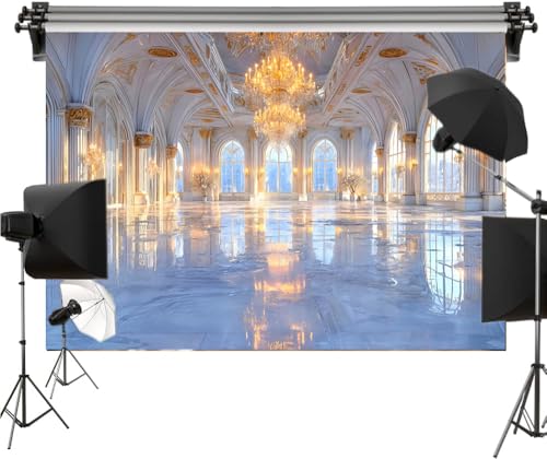 Winter Palace Photography Polyester Backdrop 7x5FT, Elegant Frozen Royal Scene with Crystal Chandelier & Snowy Windows, ICY Blue Tones & Reflected Marble Floor