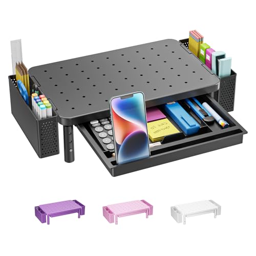 WALI Computer Monitor Stand with Storage, Desk Organizer with Drawer and Pen Holder, Desk Monitor Riser 3 Height Adjustable, Laptop Riser for Computer, Laptop, Printer(PTT003-B), 1 Pack, Black - color: Black, size: 14.6" * 9.3" with Drawer and Pen Holder
