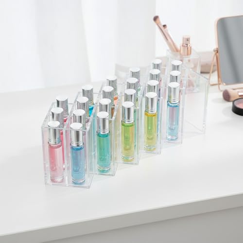 16-Slot Rollerball Perfume Organizer, Clear Acrylic Perfume Holder – Rollerball & Lipsticks Display Stand for Vanity, Countertop & Drawer – Beauty Storage with Anti-Tumble Design
