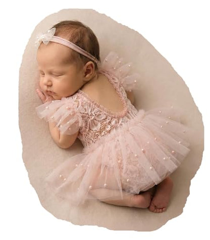 Zeroest Newborn Photography Outfits Girl Lace Romper Newborn Photography Props Rompers Baby Girls Skirt Photoshoot 3 PCS - color: Pink-short Sleeve