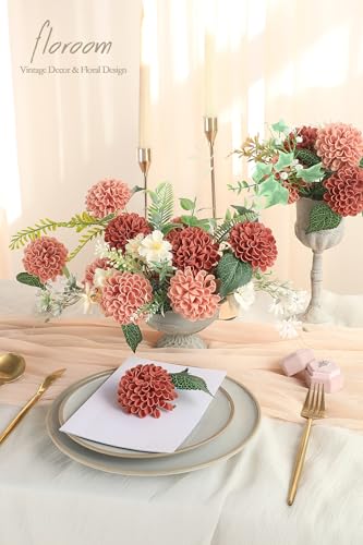 Floroom Artificial Dahlia Flowers 25pcs Terracotta & Pinky Cedar Foam Fake Roses with Stems for DIY Burnt Orange Wedding Bouquets Bridal Shower Centerpieces Floral Arrangements Party Tables Decoration - color: Terracotta & Pinky Cedar