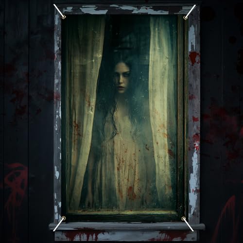 Nuxovilar Halloween Window Decorations, Bloody - Gown Ghost Peeking Through Curtained Halloween Window Cover for Indoor, Party, Haunted House, 31.5x47.3 Inches - color: LU90008