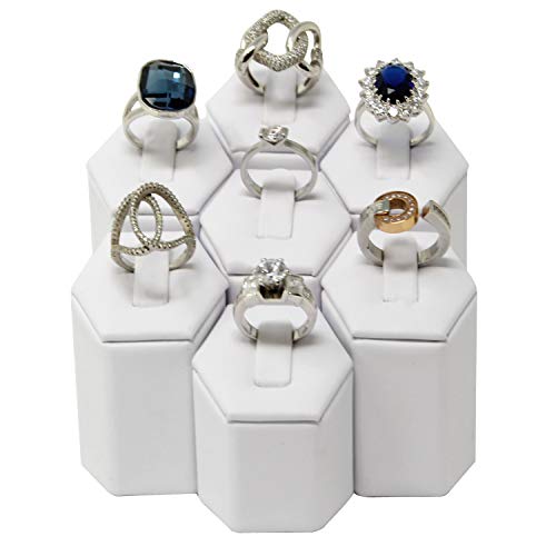 Mooca Ring Stand Holder Display Tower Jewelry Organizer, Ring Display Holder, Pedestals Display 7 Pcs Set Perfect for Showcase, White Faux Leather - color: White Faux Leather