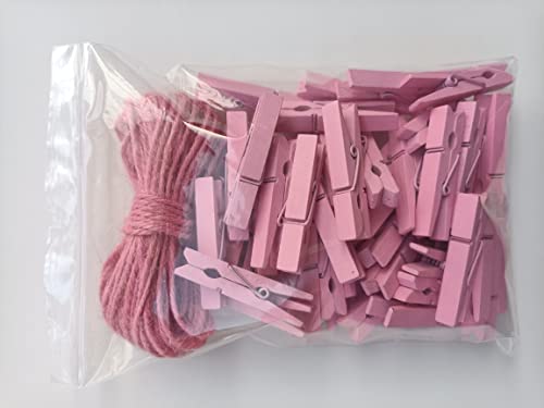 1.9" Pink Wooden Clothes Pins DIY Photo Garland Baby Shower Bag Clips Decorative Clothespins with Jute Twine Pack 50 - color: 50pcs (2 Inch) Pink + Jute Twine