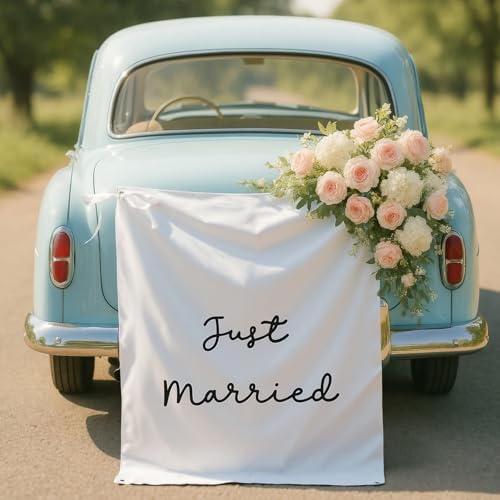 Oudain 29x39 Inch Just Married Burlap Banner, Wedding Fabric Backdrop with Ribbons and Hooks, Rustic Boho Photo Props Sign for Wedding Marriage Party Indoor Outdoor Wall Hanging Decoration - size: 29x59 Inch, style: Just Married