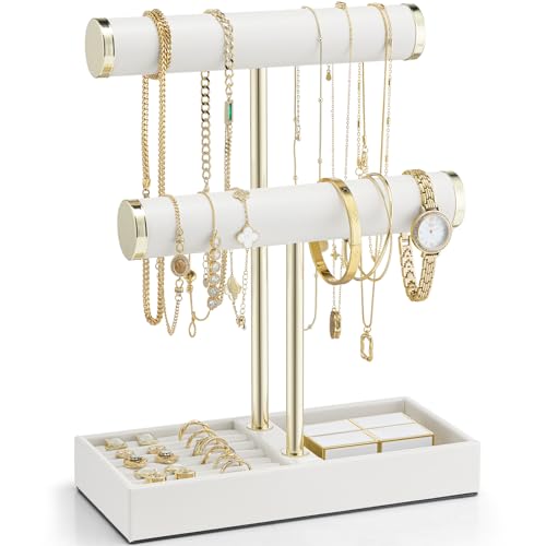 VLANDO 2 Tier Bracelet Holder with Tray - Mothers Day Mom Gifts Leather Jewelry Stand Organizer for Women - Necklace Holder Display for Necklace, Watches, Rings, Earrings, Bangle, Scrunchie - White - color: A. White, size: 2 Tier