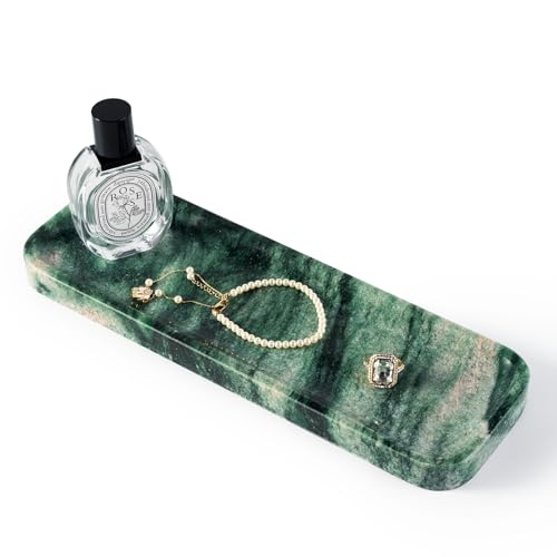 Koville Marble Tray for Bathroom Sink, 12"x4" Natural Stone Vanity Tray for Kitchen Dresser Countertop, Rectangular Decorative Marble Tray for Jewelry Perfume Trinket(Green) - color: Green, size: 12" x 4" x 0.7"