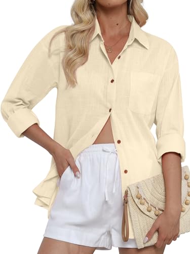 CUNLIN Women's Button Down Shirts Long Sleeve Cotton Summer Beach Wear for Women with Pocket - color: 50086_beige, size: XX-Small