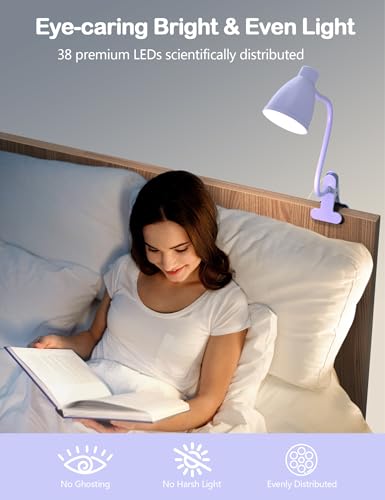 BOHON Desk Lamp with Clamp, 10W 38 LED Clip on Light, 5 Color 10 Brightness Auto Off Timer, Flexible Gooseneck Clip Lamp, Desk Lights for Office Home Bed Bedside Reading, Lilac Purple - color: Lilac Purple