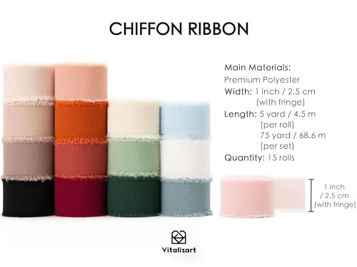 Vitalizart 1" x 75Yd Chiffon Silk Ribbon Mixed Color Ribbons Set 5 Yd x 15 Rolls Fringe Fabric for Wedding Invitations Bridal Bouquets Decorations Gifts Wrapping & Bow Making - color: mixed color 15 rolls
