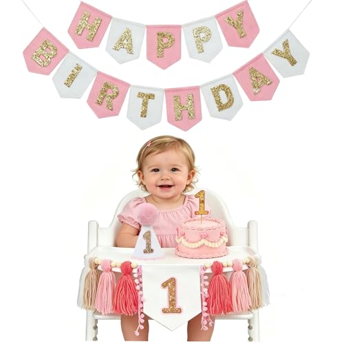 First Birthday Decorations For Girl- Felt Happy Birthday Banner Pink Gold 1st Birthday High Chair Decorations,Birthday Topper Party Hat,Boho Pink Gold 1st Birthday Party Supplies For Girl - color: Pink