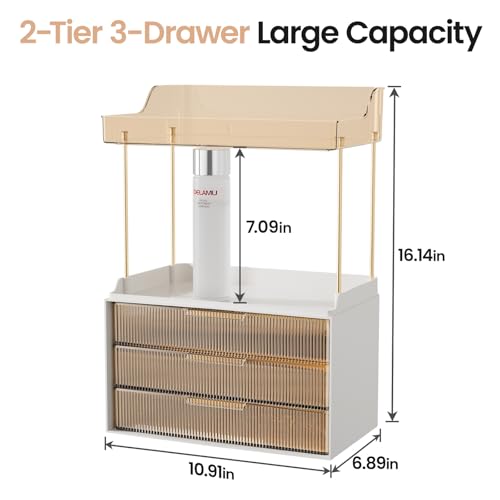 Delamu Bathroom Organizers and Storage, 2 Tier 3 Drawer Makeup Organizer Countertop, Easy to Install, Ideal for Bathroom Counter, Vanity, Ideal for Women Girls, Amber - color: Amber, size: 3Drawers 1 Pack