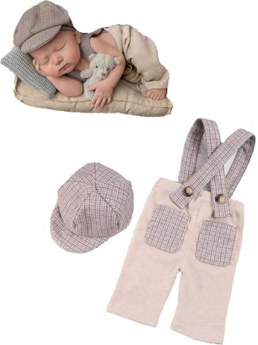 Newborn Baby Boy Suspender Pants Photo Outfits Gentleman Photography Outfit Girl - color: Beige