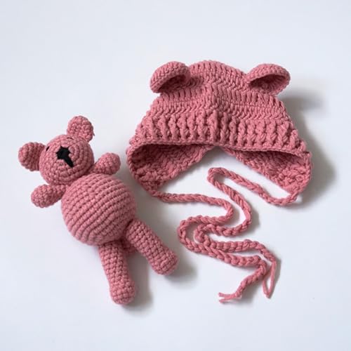 Zeroest Newborn Baby Boy Girl Photography Props Bear Hat Outfits Crochet Kint Handmade Cap Set for Newborn Photo Shoot - color: Dusty Pink
