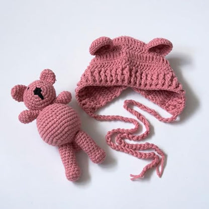 Zeroest Newborn Baby Boy Girl Photography Props Bear Hat Outfits Crochet Kint Handmade Cap Set for Newborn Photo Shoot - color: Dusty Pink