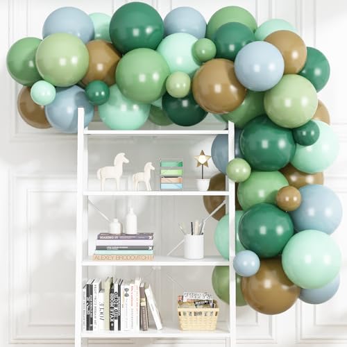 Blue Green Brown Balloons, 12 Inch Sage Pastel Green Balloon Dusty Blue Balloon for Dinosaur Woodland, Jungle Theme Birthday, Dino Baby Shower Decorations - color: Green Brown