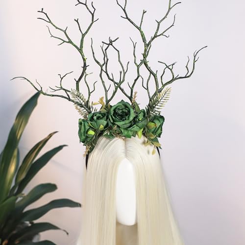 MOSTORY Woodland Deer Antler Headband - Fairy Costume for Woman Branch Crown for Renaissance Halloween Renfaire Cosplay - color: Green