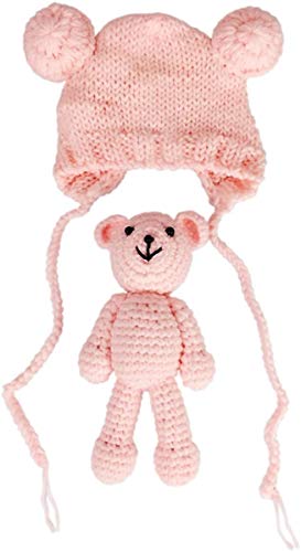 Newborn Baby Photo Shoot Props Boys Girls Crochet Knitted Hat Bear Hat Beanie with Bear Dolls Photography Props - color: Light Pink
