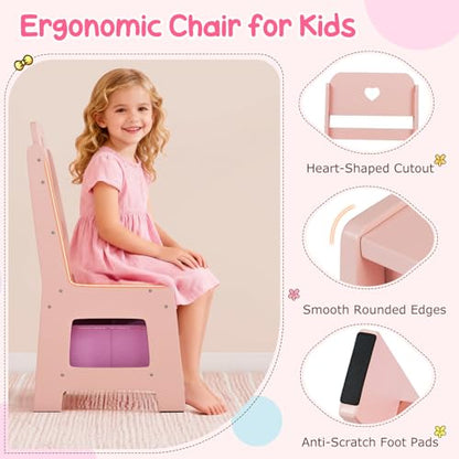 Costzon Kids Vanity, Girls Vanity Set with Mirror and Lights, Jewelry Storage, Shelves, Princess Toddler Makeup Vanity Desk Dressing Table, Wooden Kids Vanity Table and Chair Set (Pink) - style: Pink with Jewelry Storage