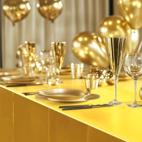 Just Shimmer 2pcs Gold Foil Tablecloth 54 * 72 Inch Plastic Wedding Birthday Party Table Cloths Waterproof Disposable Table Cover for Christmas Graduation Elegant Event Anniversary Party Supplies - color: Golden