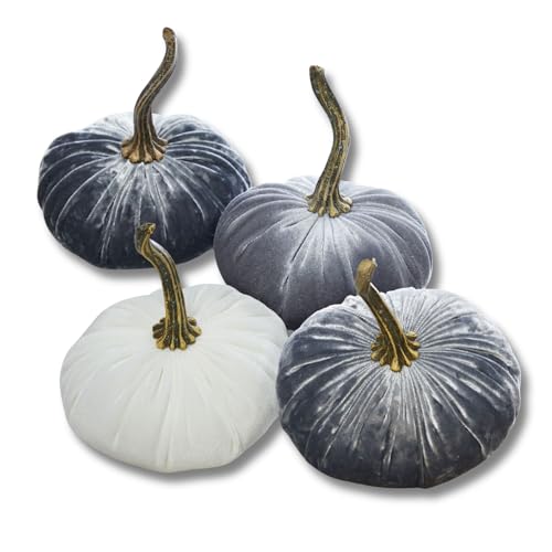 Set of 4 Small Velvet Pumpkins, silver platinum home decor accent, neutral tiered tray decor, Thanksgiving centerpiece, warm cozy autumn vibe, hygge home (2 Luxe Platinum, Gray, Ivory) - color: 2 Luxe Platinum, Gray, Ivory