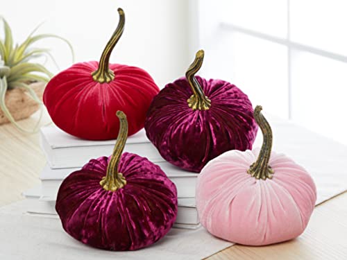 Set of 4 Small Velvet Pumpkins, pink pumpkin decor, our little pumpkin for baby girll shower nursery, fall wedding centerpiece, tiered tray decor, elegant gift set (2 Luxe Berry, Hot Pink, Pink) - color: 2 Luxe Berry, Hot Pink, Pink