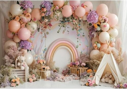Newborn Baby 1st Birthday Photography Backdrop - Balloons Tent Flower Decor Background for Kids Birthday Party Baby Shower Portrait Cake Smash Props (5x3ft) - size: 5x3ft