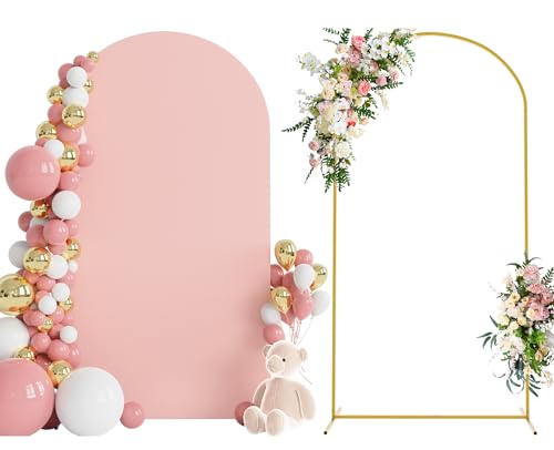 Wokceer 7.2 FT Wedding Arch Stand and Arch Cover, Metal Arch Backdrop Stand with Arch Stand Cover for Birthday Party Wedding Ceremony Bridal Baby Shower Event Decor, Pale Pink - color: Pale Pink, size: 7.2x4FT