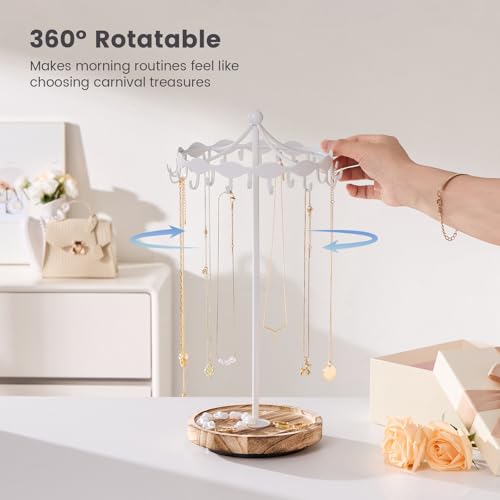 Lolalet Rotating Necklace Holder Stand with Metal Hooks, Spinning Display Carousels, Freestanding Organizer Hanger, for Long Necklaces Chains -White - color: White