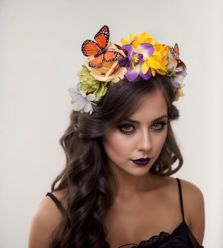 Elegant Butterfly Flower Headband for Women Boho Handmade Rose Floral Crown Wedding Bridal Festivals Cosplay Prom Photo Props Headpiece (C2 yellow, Adjustable) - color: C2 yellow